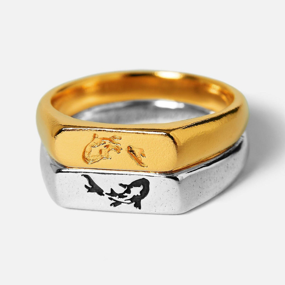 Billie Jo's Koi Stacker rings in 18k gold vermeil and 925 sterling silver, featuring an engraved koi fish design. Modern men's jewellery from Australia.