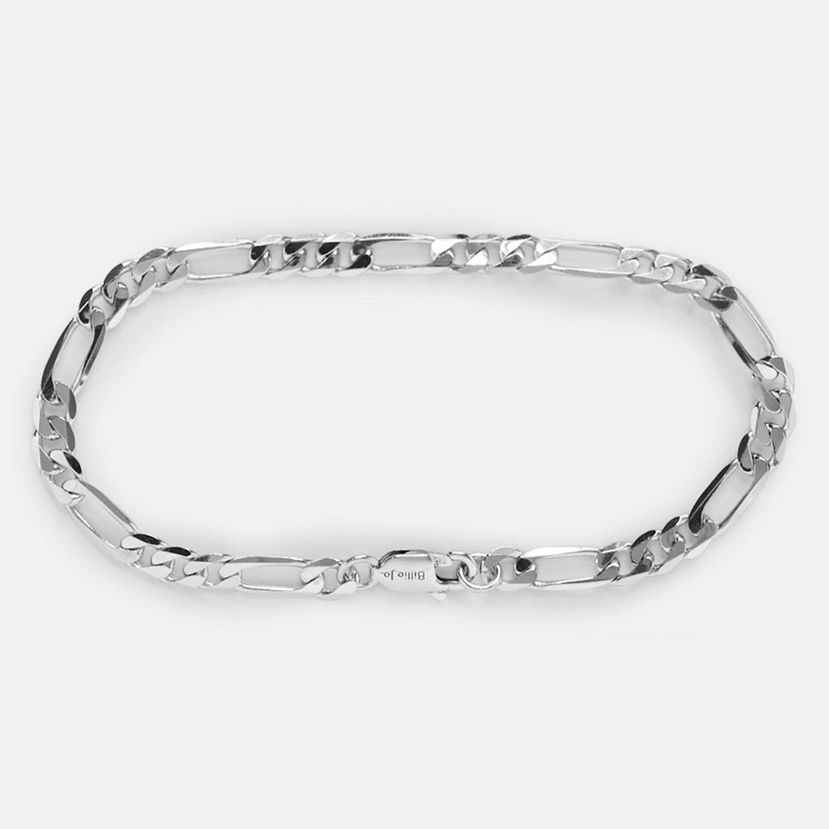 A studio shot of the Billie Jo men's Figaro Bracelet in polished 925 sterling silver. The classic Figaro chain and branded clasp are shown in detail. A timeless piece of Australian men's jewellery.