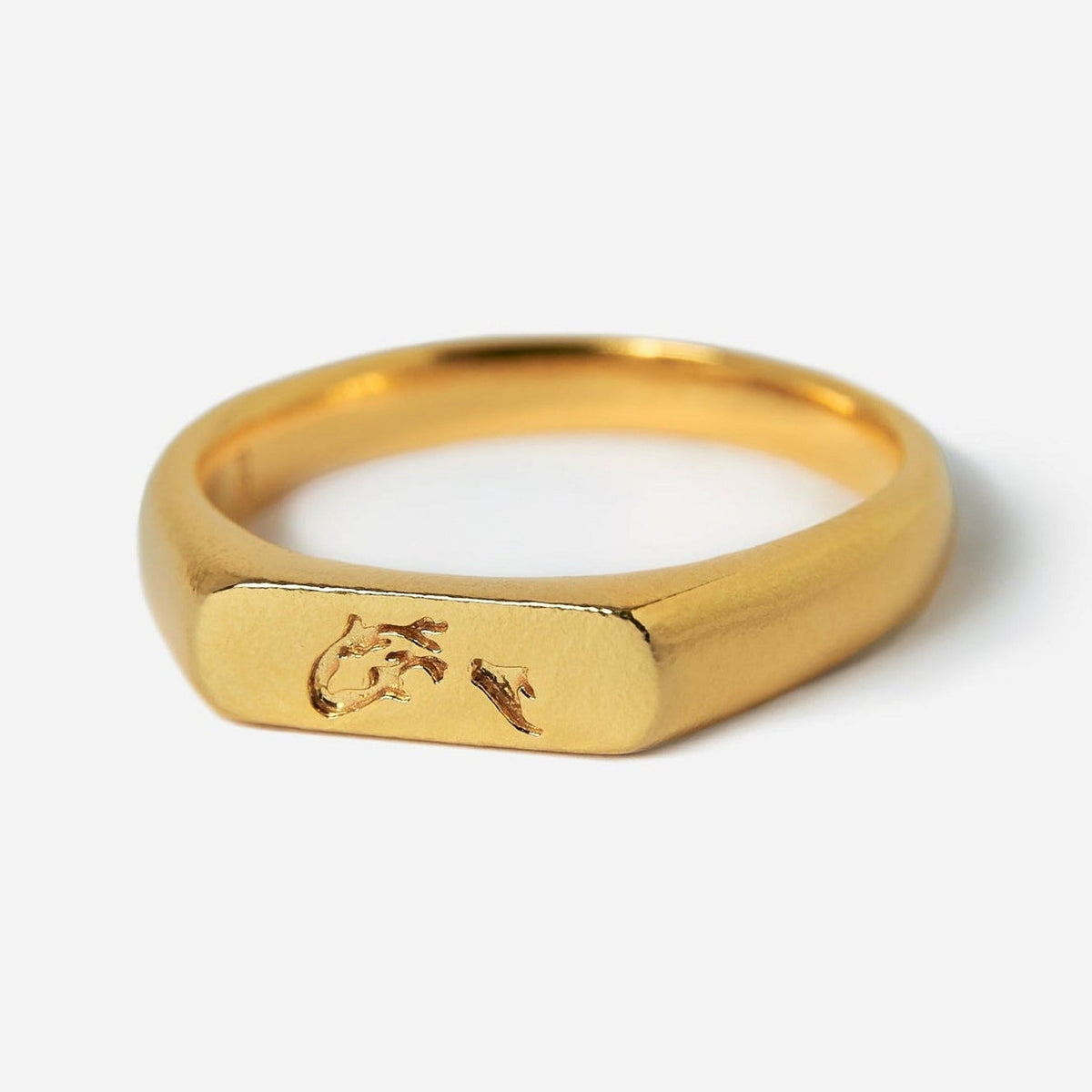 Billie Jo's 18k gold vermeil Koi I Ring, a men's signet ring with a Japanese koi fish engraving, on a clean white background. Australian designed men's jewellery.