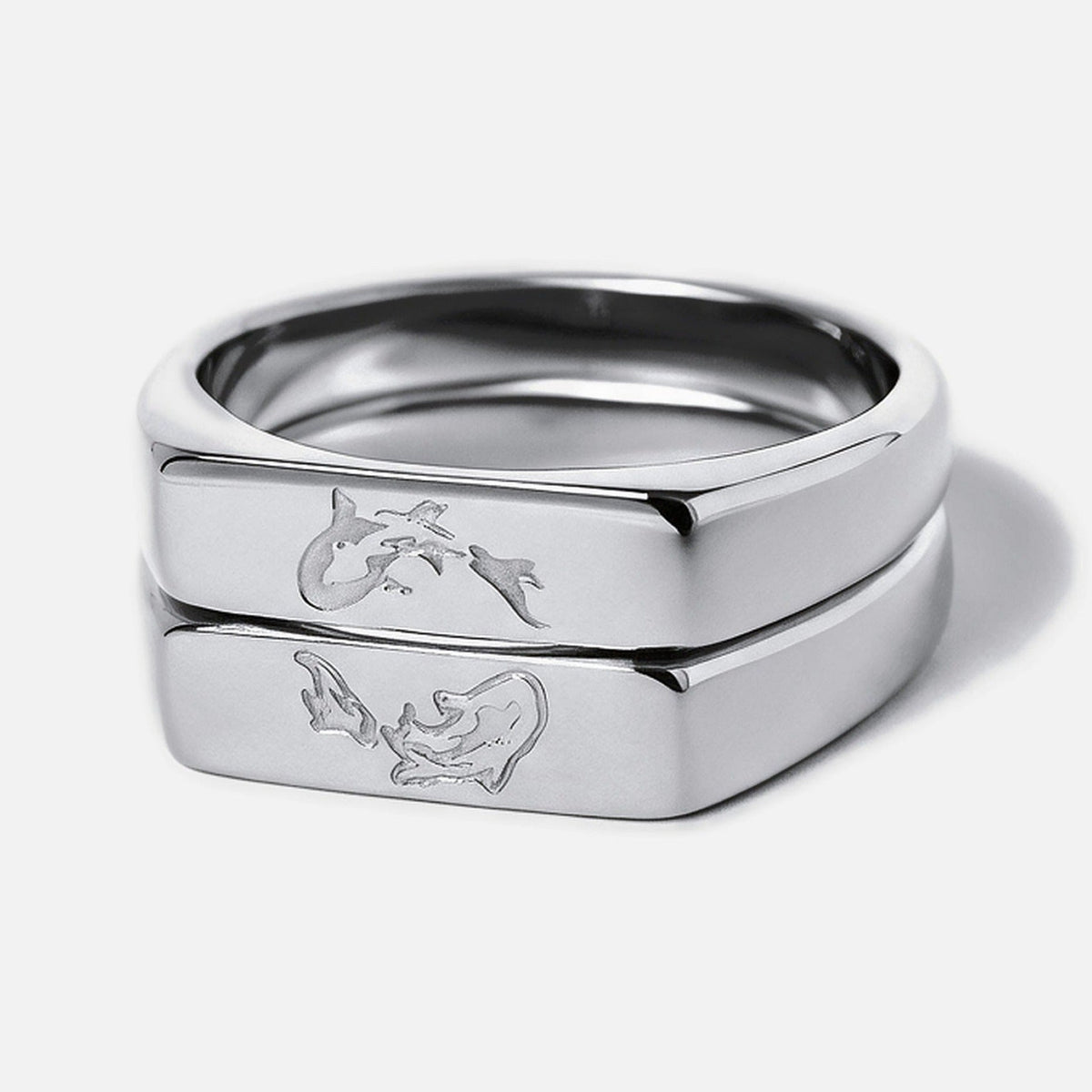 Men's Koi Stackers in 316L stainless steel, silver finish, pair stacked, koi engraved on each face