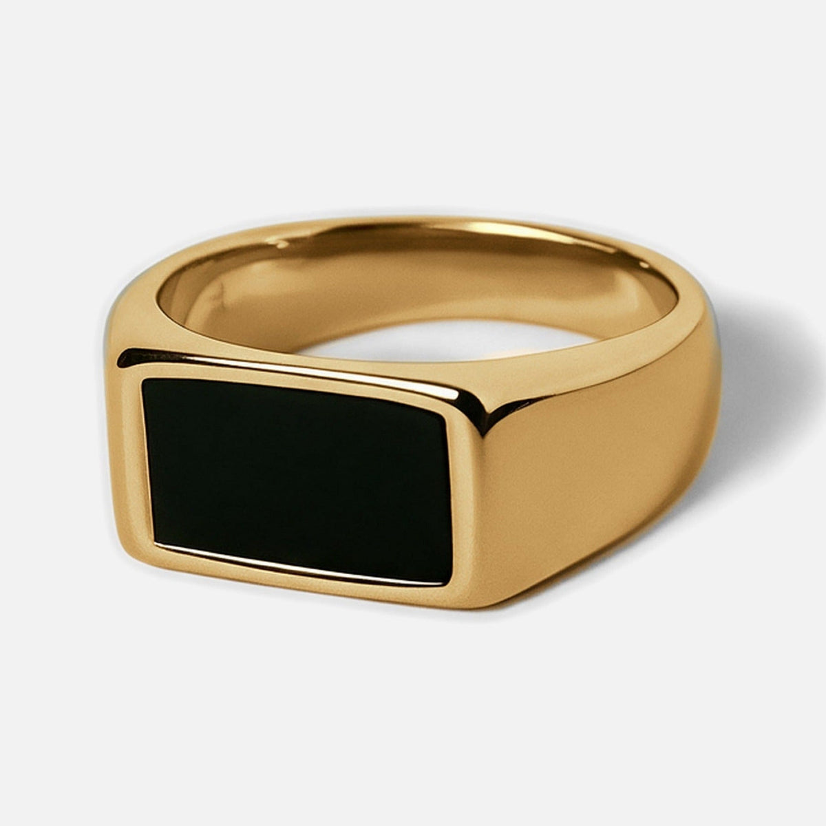 Men's Gold Onyx Ring in 18k gold infused stainless steel, angled front view showing the black onyx stone