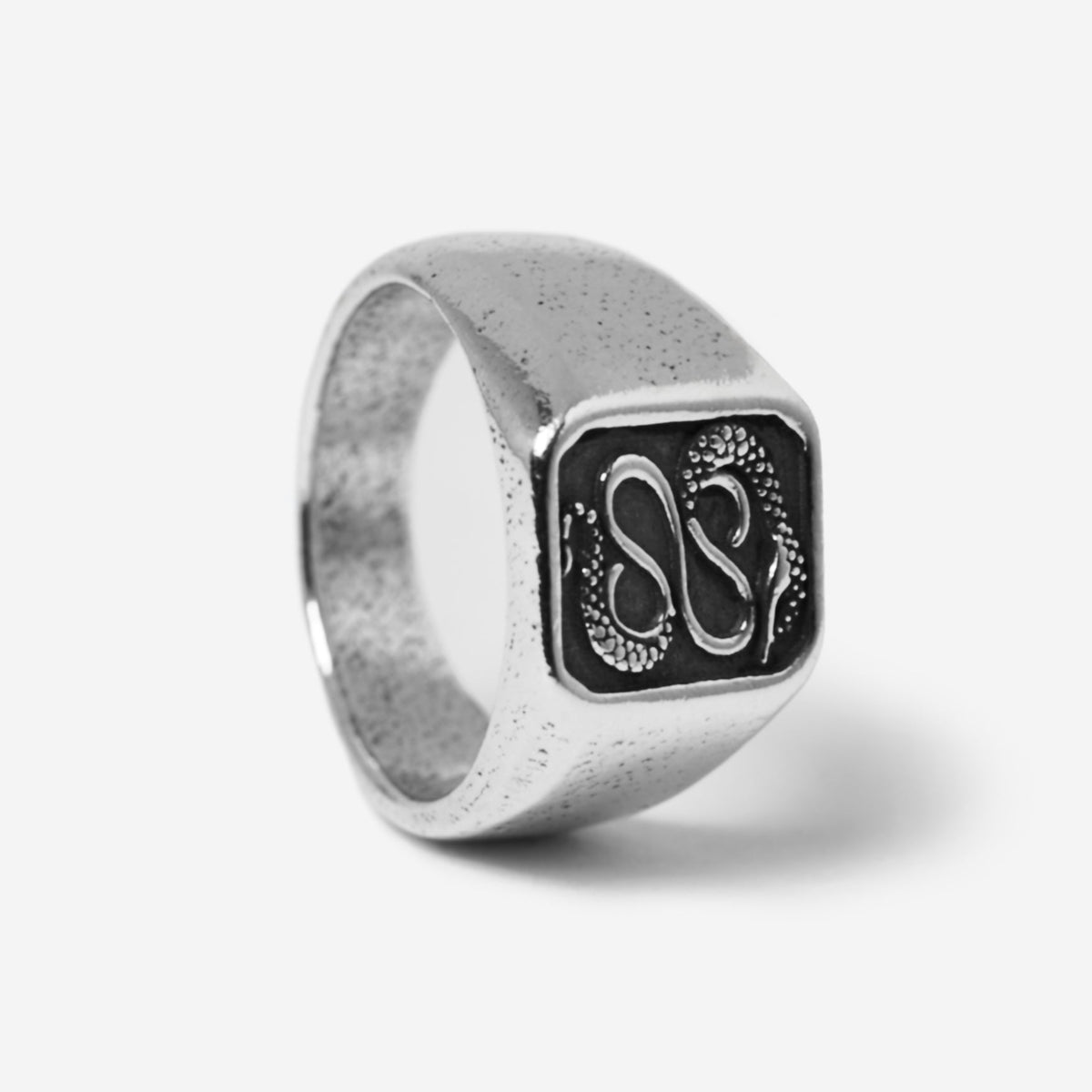 A different angle of the sterling silver Serpent Ring by Billie Jo, showing the side profile and textured finish of this unique men's jewellery piece.