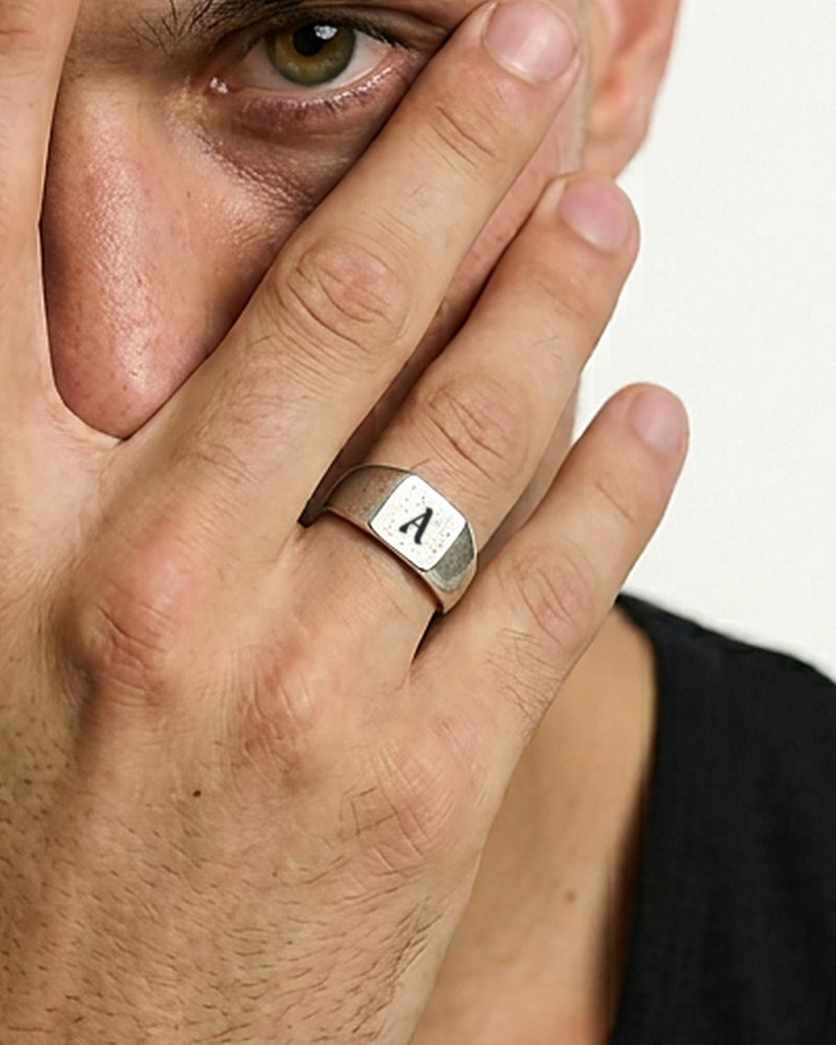 Initial Monument Ring with the letter A, worn on a man's hand