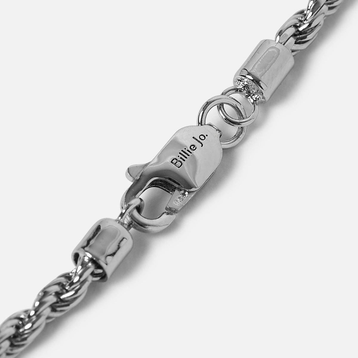 A close-up of the sterling silver Rope Necklace clasp, engraved with the Billie Jo brand name, showcasing the quality craftsmanship of the Australian jewellery label.