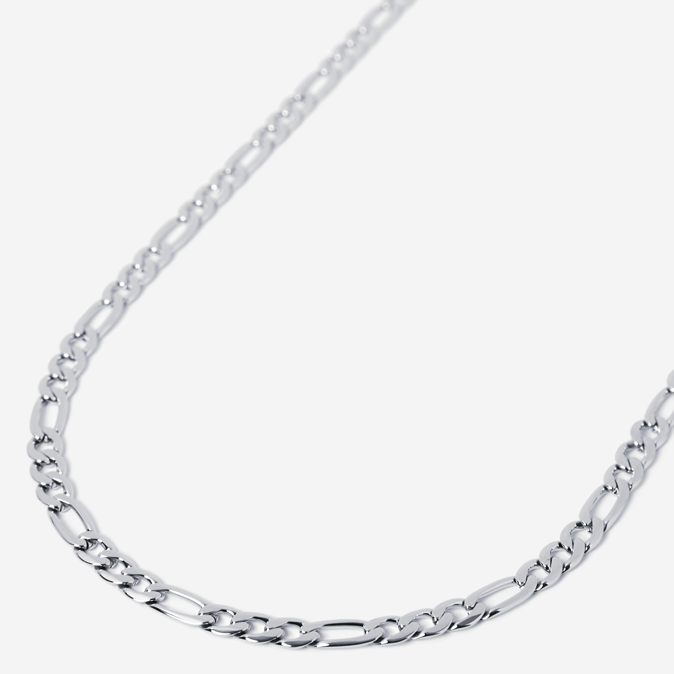 A waterproof silver stainless steel men's figaro chain necklace from Australian jewellery brand Billie Jo, featuring a thick bold alternating link design built to resist tarnish and everyday wear.
