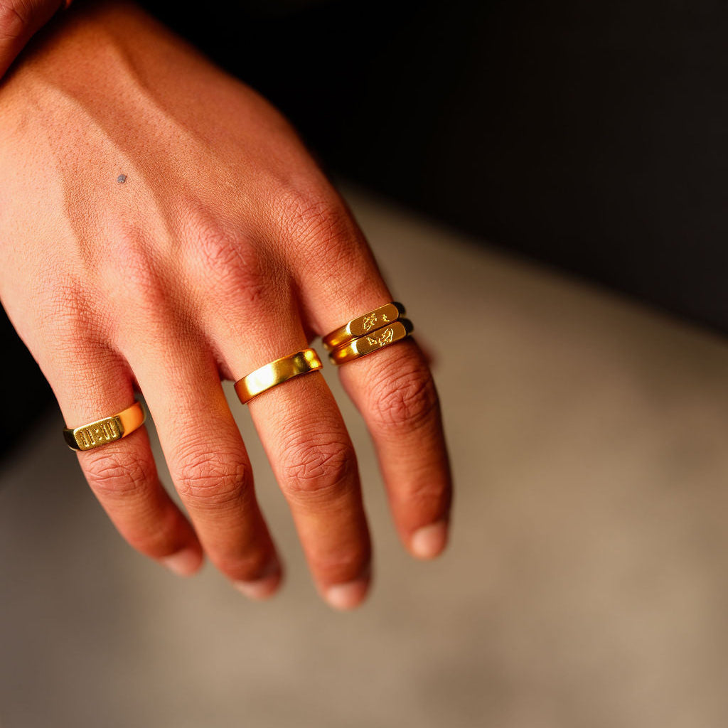 A close-up on-hand shot of the Billie Jo Koi II Ring in gold, stacked with other rings. This image showcases the versatility of this Australian designed men's jewellery piece from Billie Jo.