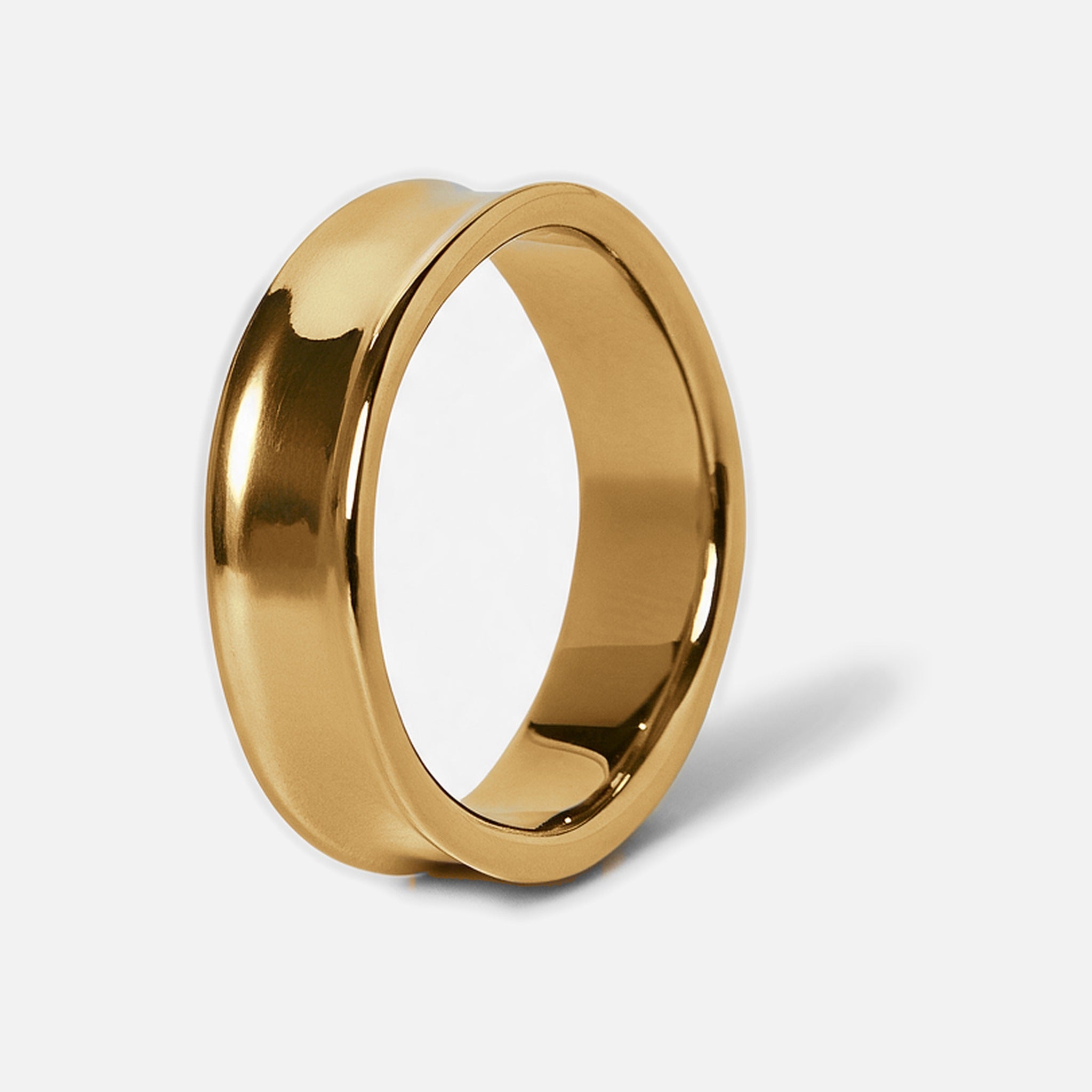 Men's Gold Forge Ring in 18k gold infused stainless steel, upright view of the dished band and raised edges