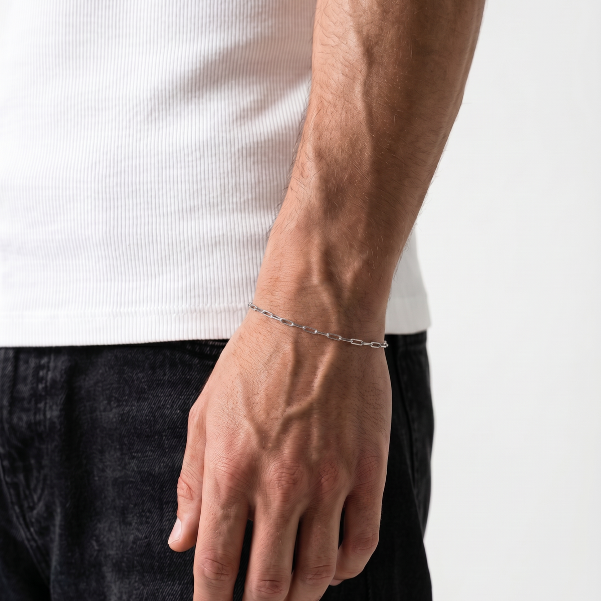 Stainless Steel Silver Link Bracelet on Male wrist - waterproof, sweat proof, perfect for everyday wear