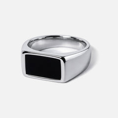 Men's Onyx Ring in 316L stainless steel, silver finish, angled front view showing the black onyx stone on a white background