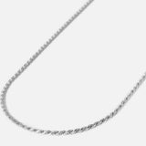 A delicate silver rope chain necklace displayed on a plain white background.