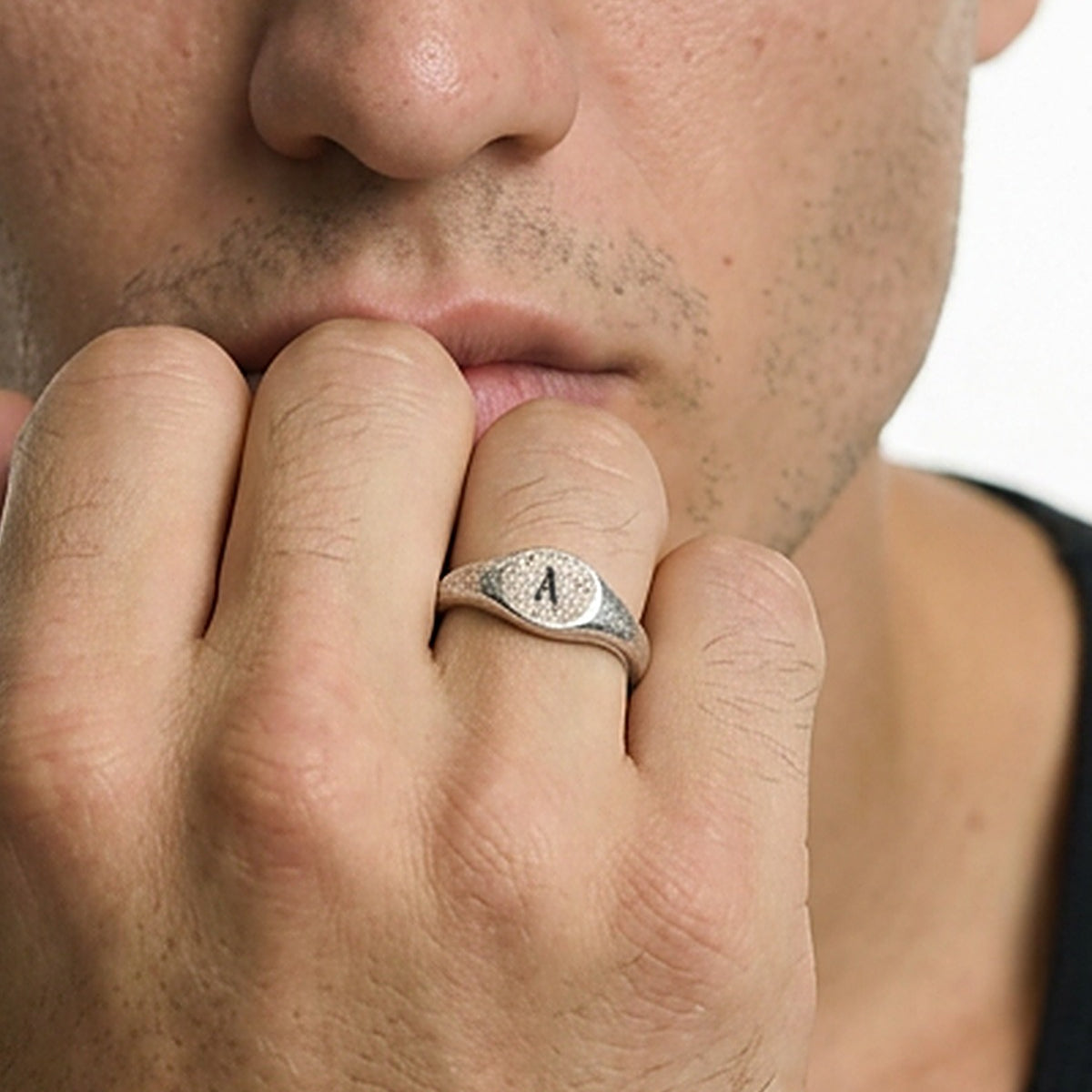 Initial Dusk Ring with the letter A, worn on a man's hand