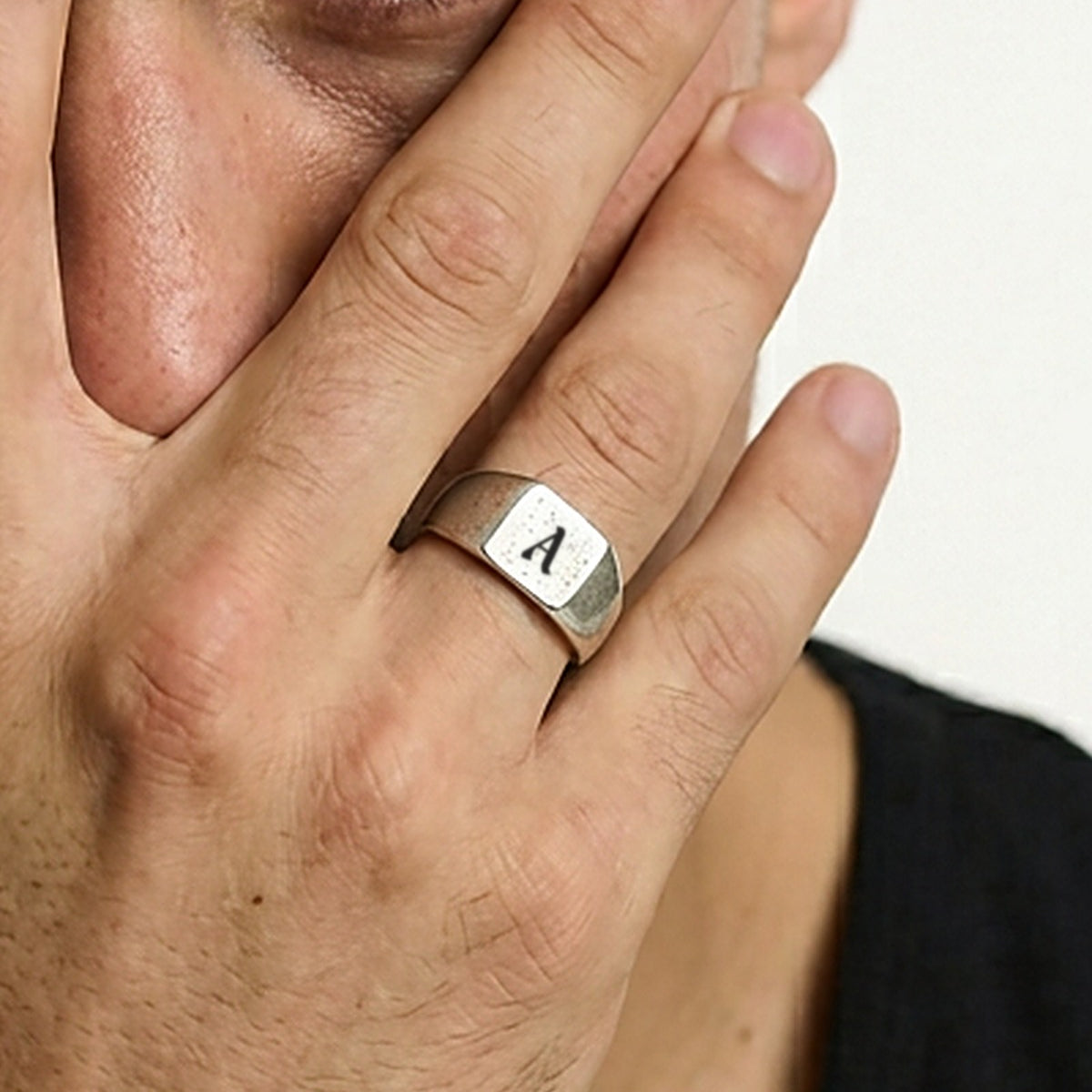 Initial Monument Ring with the letter A, worn on a man's hand