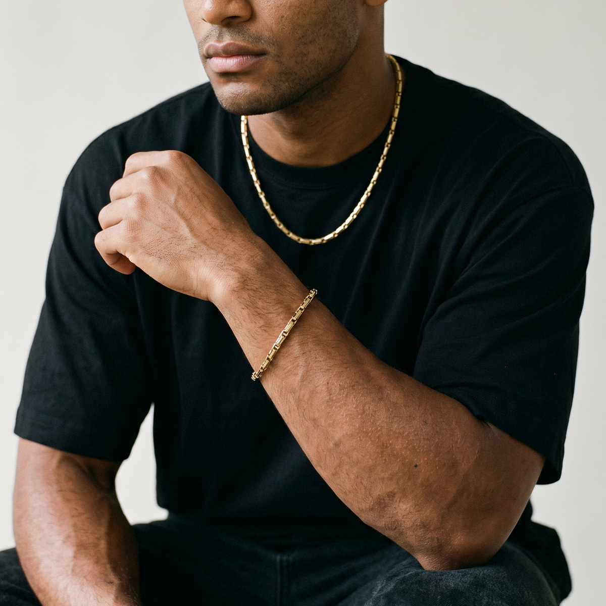 A stainless steel men's gold chain bracelet and necklace from Australian jewellery brand Billie Jo, featuring a waterproof and sweat proof design perfect for everyday wear and gifting.